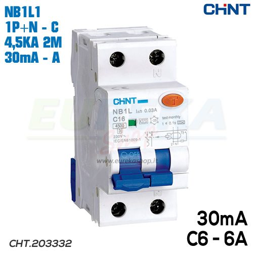 DIFFERENZIALE C6 - 1P+N 4,5KA Curva C 2P - 30mA Tipo A - NB1L1/C6