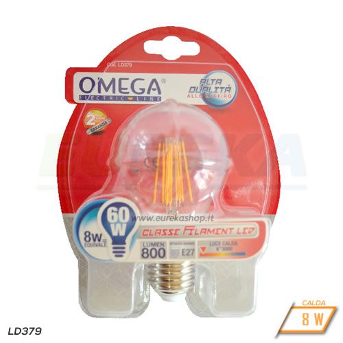 Lampadina LED 8W E27 A60 TRASPARENTE - Calda 3000k