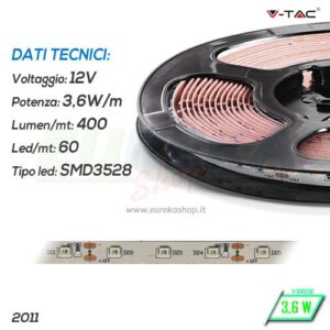 STRISCIA LED 12V 3,6W VERDE 400lm 60led/mt SMD3528 IP20
