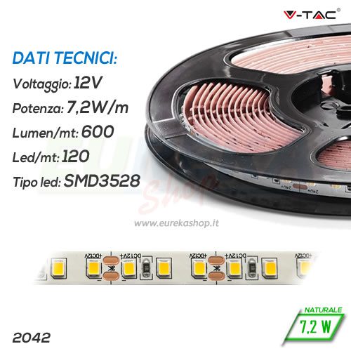 STRISCIA LED 12V 7,2W NATURALE 4000K 600lm 120led/mt SMD3528 IP20