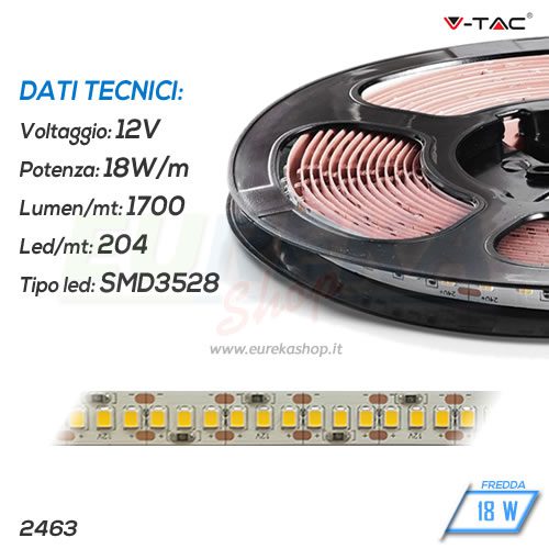 STRISCIA LED 12V - 18W - FREDDA 6400K - 1700lm - 204led/mt - SMD3528 - IP20