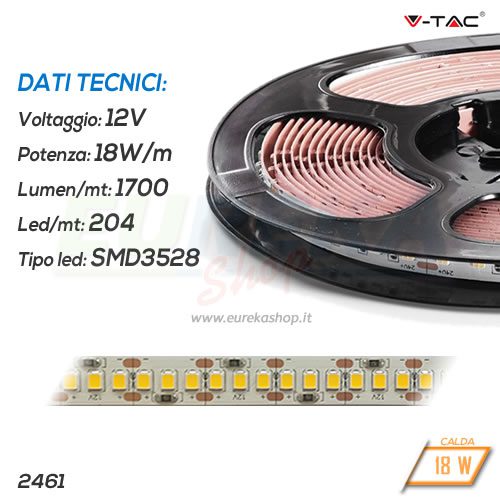 STRISCIA LED 12V - 18W - CALDA 3000K - 1700lm - 204led/mt - SMD3528 - IP20